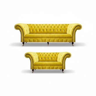 Living room yellow 2x sofas three-seater and two-seater couch textile Chesterfield