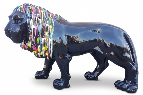 Decorative abstract sculpture of a gloss black lion with colorful stripes figure 140cm height