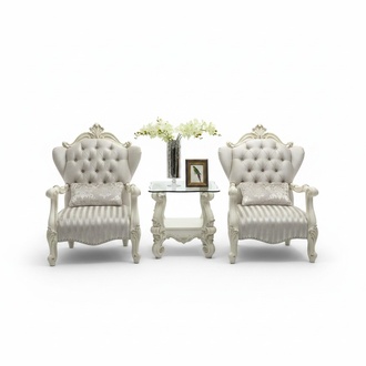 Rococo style made of real wooden living room set of 2x-chesterfield armchairs & side square glass coffee table