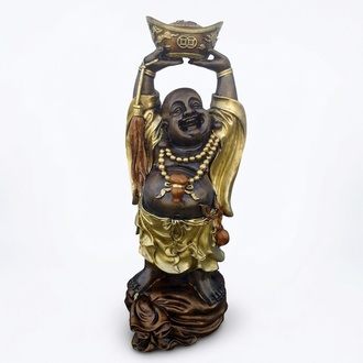 Decorative figure of smiling Budai with a basket sculpture 65 cm height (B40)