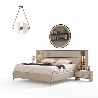 Luxury bedroom beige double bed 2x bedside tables modern furniture
