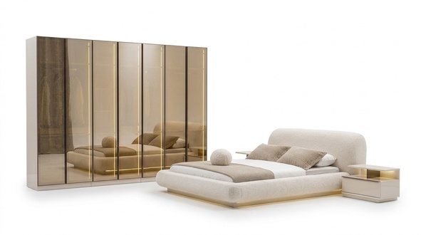 Luxury bedroom furniture, upholstered bed, nightstands, glass cabinet, 4-piece set.