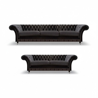 Luxury Black Chesterfield Sofa Set Designer Fabric Three-Seater 2-piece