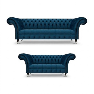 Luxurious Blue Chesterfield Fabric Sofa Set 3-Seater Couch Two-Seater