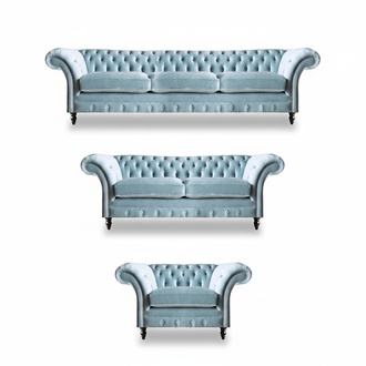 Luxurious Blue Chesterfield Upholstered Set Three-Seater Armchair 3pcs