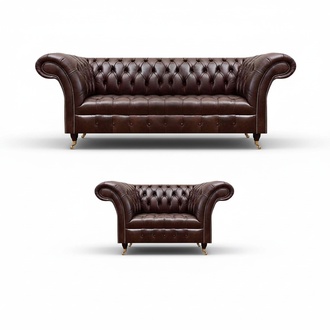 Luxurious Brown Chesterfield Leather Set Designer 3-Seater Armchair 2-Piece