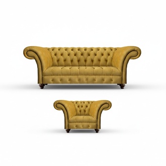 Luxurious Chesterfield Yellow Couch Textile Armchair Modern 3-Seater 2-piece