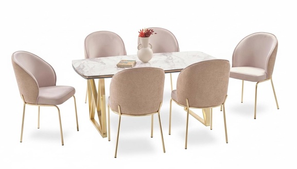 Luxurious dining room set with comfortable table and gray padded chairs, 7 pieces.