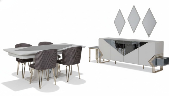 Luxurious dining room set designer dining table x4 chairs sideboard mirror
