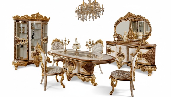 Luxury dining room set white-gold dining table 4x chairs sideboard 6-piece furniture