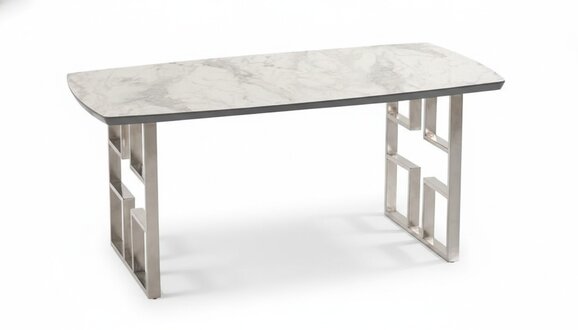 Luxurious dining table with gray stainless steel legs and a rectangular wooden tabletop.