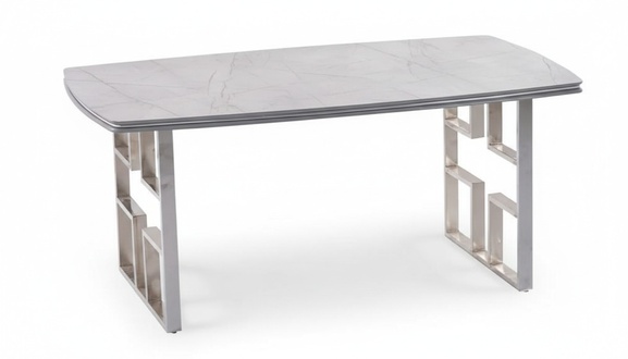 Luxurious dining table rectangular wooden tabletop gray stainless steel legs silver