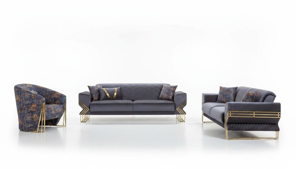 Luxurious gray upholstered sofa set living room 3-seater textile armchair