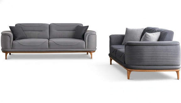 Luxury sofa set with 2-piece grey fabric three-seater sofas, new.