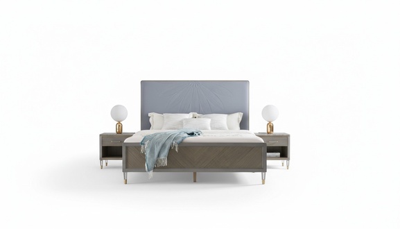 Luxury designed bedroom set of massive double bed & 2x-bedside tables in modern style made of real wooden frame