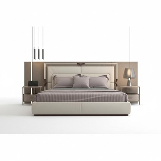 Luxury Bed Frame Modern Design Beige with Brown Accents Elegant Headboard