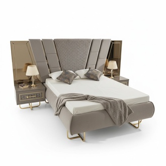 Luxury Bed Hotel Beds with 2x Nightstand Gold Shiny Furniture Bedroom