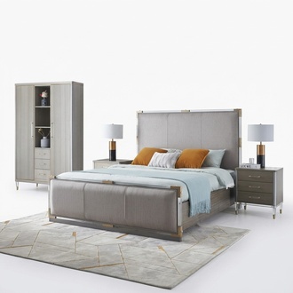 Luxury design bedroom set of massive marriage double bed & 2x-bedside table in modern style