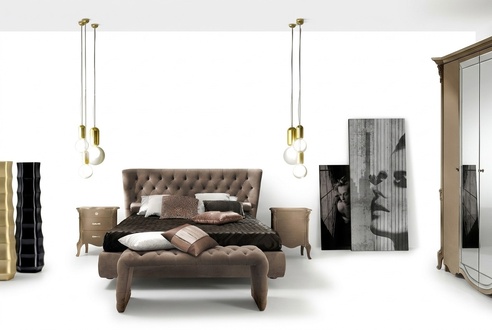 Luxury bedroom set 4 pieces. Bed + 2x bedside tables + stool Modern design beds Real wood