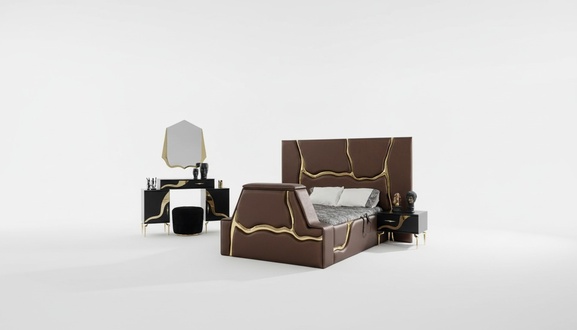 Luxury Bedroom Set Bed Nightstand Gold Dressing Table Bedside Tables 5pcs