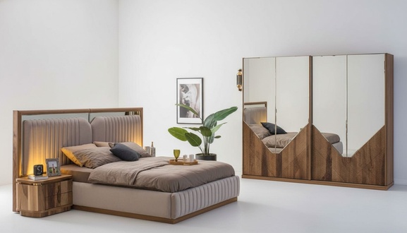 Luxury bedroom set bed + 2x bedside tables + wardrobe Modern Complete