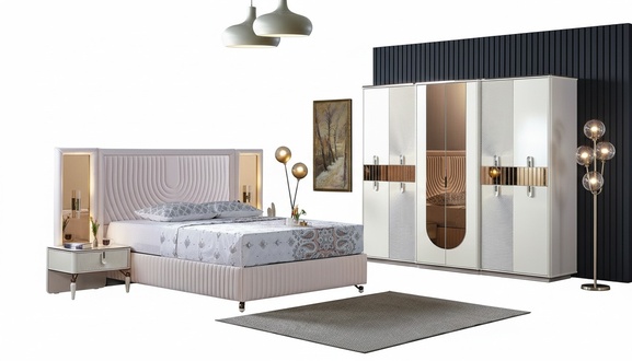 Luxury Bedroom Set Bed 2x Bedside Tables Cabinet Complete Modern