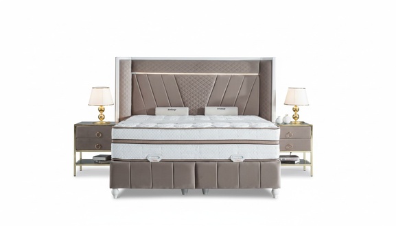Luxury bedroom set beige bed 2x bedside table beds furniture led 3pcs