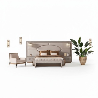 Luxury bedroom set double bed bedside tables set 5-piece beige seat