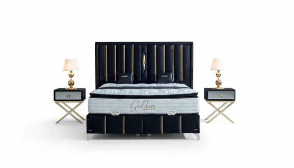 Luxury bedroom velvet metal double bed 2x bedside table furniture 3pcs.