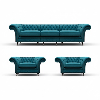 Luxury Blue Designer Complete Textile Chesterfield Living Room Upholstered Furniture
