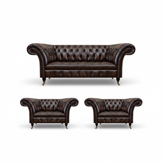 Luxury Brown Leather Sofa Set Living Room 2x Armchairs Three Seater Couch Chesterfield