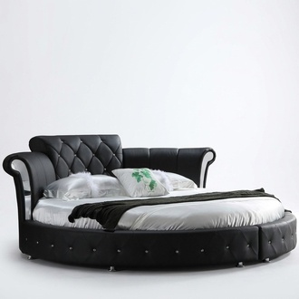 Leather upholstered chesterfield design marriage round double bed for marriage couple in modern style made of real wooden frame