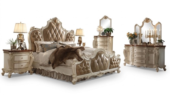 Baroque style massive leather double bed made of real wooden frame 180x200cm size