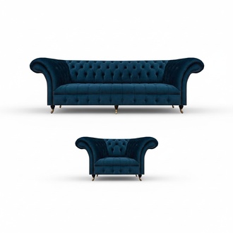 Luxury Chesterfield Blue Fabric Upholstery Elegant 3-Seater Sofa Armchair