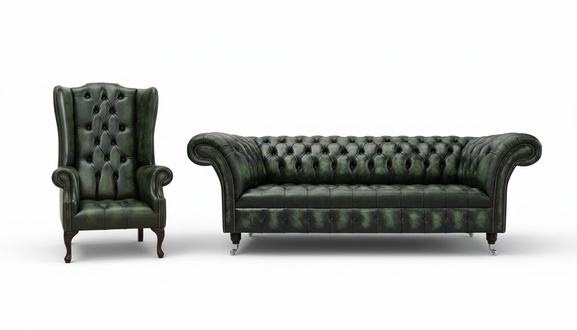 Chesterfield Classic Sofa Set 3-Seater + Armchair 1-Seater Green Faux Leather New