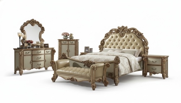 Luxury Classic Bedroom Bed Nightstands Vanity Mirror Bench