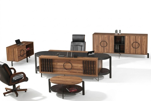 Luxury Complete Office Desk Office Desk Set 4pcs Wood Brown Table