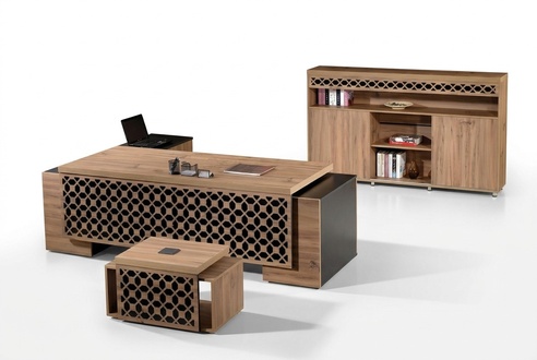 Luxury Corner Office Desk Complete Office Desk Set 3pcs Wood Brown Office Furniture