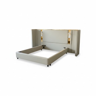 Luxury Designer Bed Beige LED Lighting Upholstered Gold Frame Modern Headboard