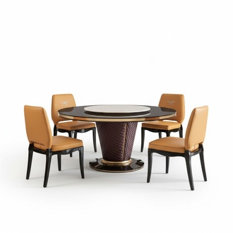 Luxury Designer Dining Room With Round Dining Table & 6 x Lean Back Chairs Metal Leather New