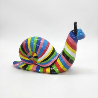 Decorative sculpture designed as a gloss snail with full multi-colored stripes 40x70cm