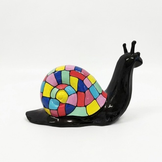Full black colored gloss decorative sculpture designed as a snail with a shell in multi-colored rectangular mosaic patterns 40x70cm
