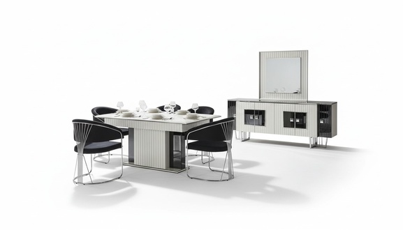 Luxury dining room set, dining table with 6x armchairs, chest of drawers, mirror, 8 pieces.