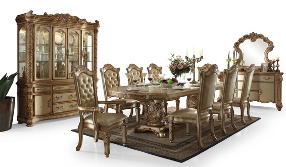 Luxury dining room set, dining table with 8 chairs, sideboard, dining group, gold.