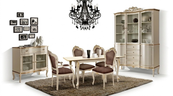 Luxury dining room set 6 pieces white wood furniture chest of drawers 3x chair table