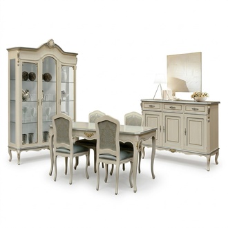 Luxury dining room set 7 pieces white wood furniture chest of drawers 4x chair table showcase