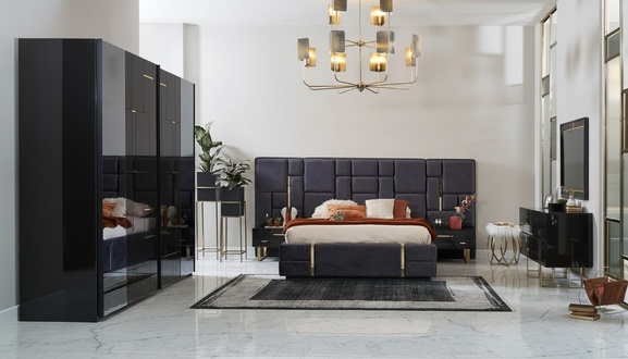Luxury double bed bed frame bedroom wooden set 6 pieces black design