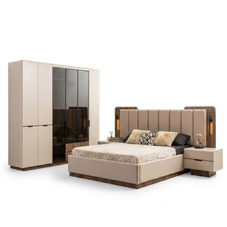 Luxury double bed set bedroom bedside tables 4 pcs beige wardrobe