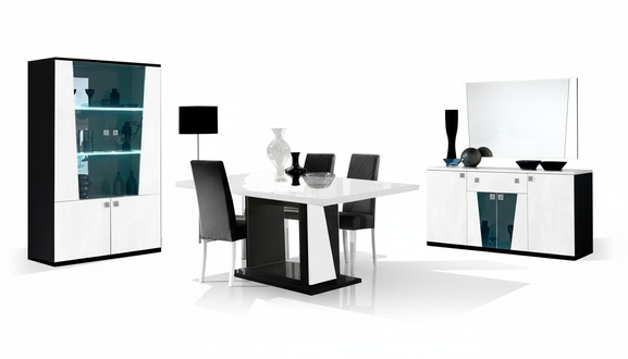 Modern style living room set of dining table, 2x-chairs, sideboard, mirror, TV-lowboard, & showcases