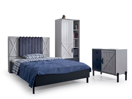 Luxury Modern Blue Bedroom Set Bed Chest of Drawers Bookshelf Wood New 3pc